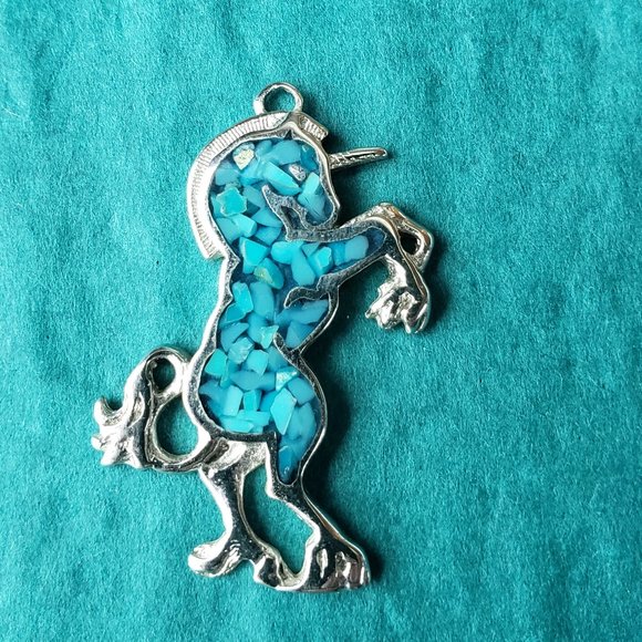 Jewelry - 2/15$ Gorgeous standing blue unicorn pendant silver tone